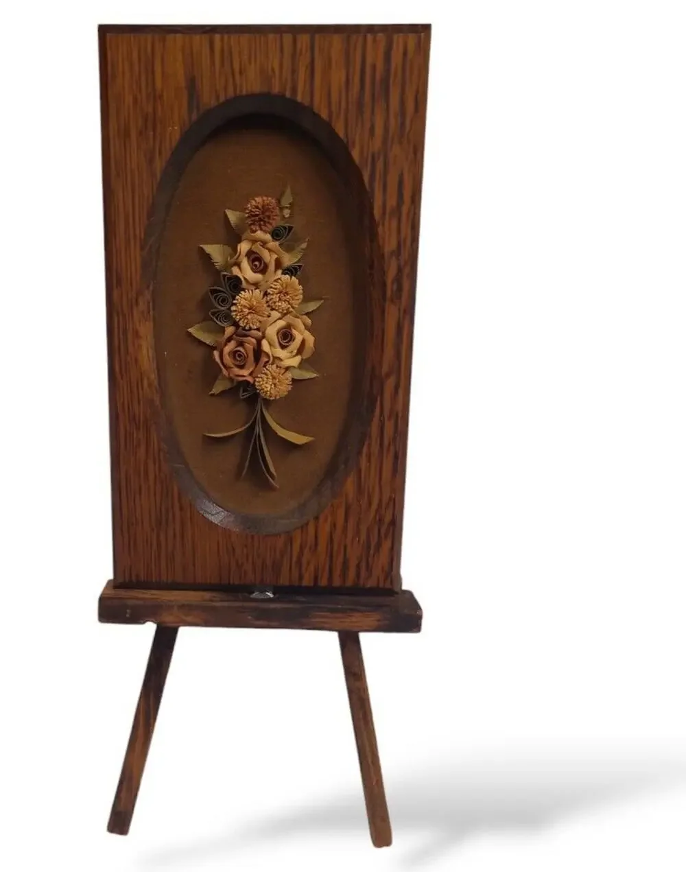 Wooden Vintage Floral Picture With Easel Handmade Rolled Paper Flowers 3D